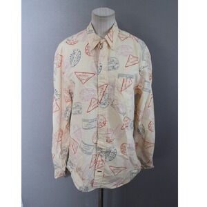 Gitman Bros Vintage Shirt Medium Cream Passport Stamp Print Button Down Mens USA